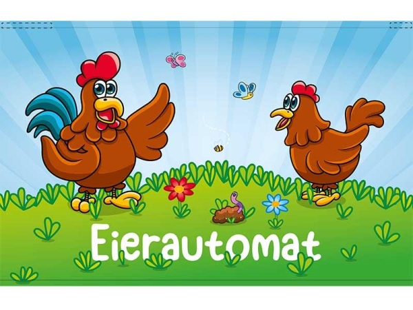 Backlightfolie "Eierautomat Hühner", blauer Hintergrund